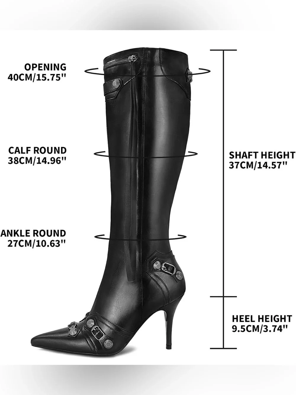 Women's Black Pointed-Toe Knee Boots with Decorative Straps